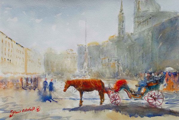 LA BOTTICELLA A PIAZZA NAVONA, ROMA / 2019 / watercolor on Arches’ paper / 38,5 x 57 cm