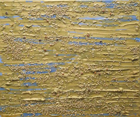 Grano / 2016 / mixed media on canvas: gold dust, acrylic, wheat and corn, varnish / 60 x 50 cm