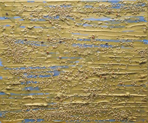 Grano / 2016 / tecnica mista su tela: polvere d’oro, acrilico, grano e granoturco, vernice / 60 x 50 cm