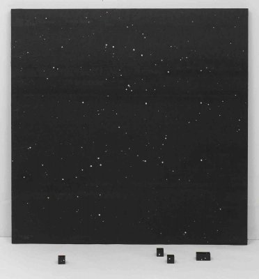 We only know what we can learn (dark) / 2017 / polyacetylvinyl adhesive, digital printing on paper, silvery graphite powder, and wood 140 x 140 x 4 cm / + 5 cubic elements 4 x 4 x 4cm